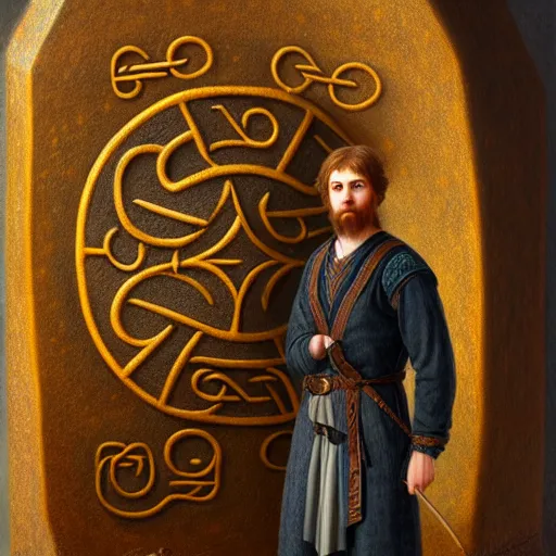 Image similar to a portrait of a man standing next to a large runestone with intricate runes, illustration, soft lighting, soft details, painting oil on canvas by Edmund Blair Leighton trending on artstation d&d characters, 4k, 8k, HD