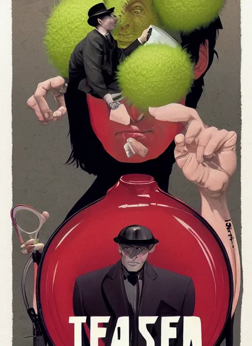 Prompt: poster artwork by Michael Whelan and Tomer Hanuka, Karol Bak Major Buster Keaton, from scene of a tennis ball monster , clean