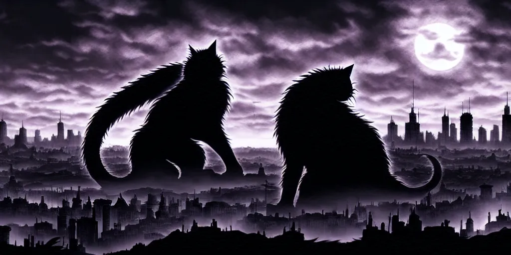 Prompt: Huge cat monster silhouette above a city, in the style of Kentaro Miura, Berserk, landscape, hyperdetailed, ultra quality, 4k, ultra details