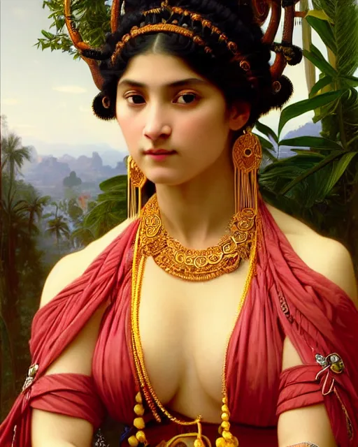 Image similar to photo of a gorgeous young tribal woman wearing elaborate baroque jewelry and rococo ornaments in the style of stefan kostic, realistic, sharp focus, symmetric, 8k high definition, insanely detailed, intricate, elegant, art by stanley lau and artgerm, William-Adolphe Bouguereau