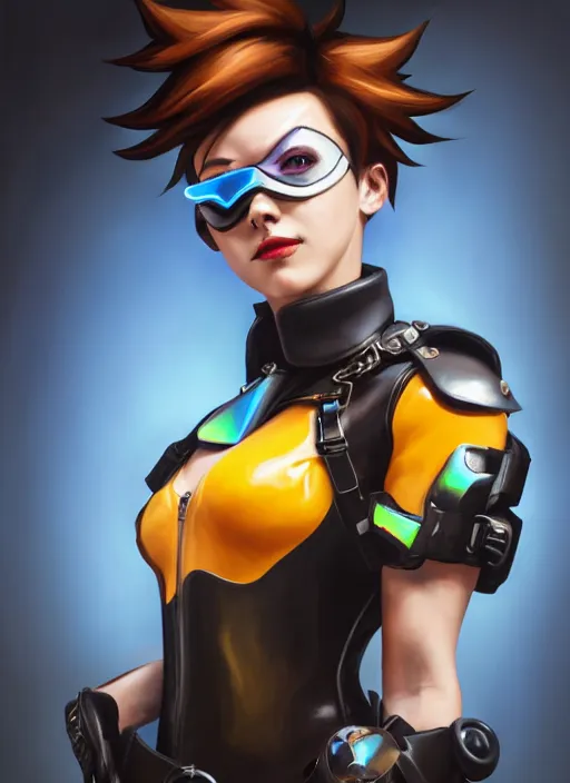 Image similar to oil painting digital artwork of tracer overwatch, confident pose, wearing black iridescent rainbow latex, 4 k, expressive happy smug expression, makeup, in style of mark arian, wearing leather collar, wearing sleek full body armor, black leather harness, expressive detailed face and eyes,