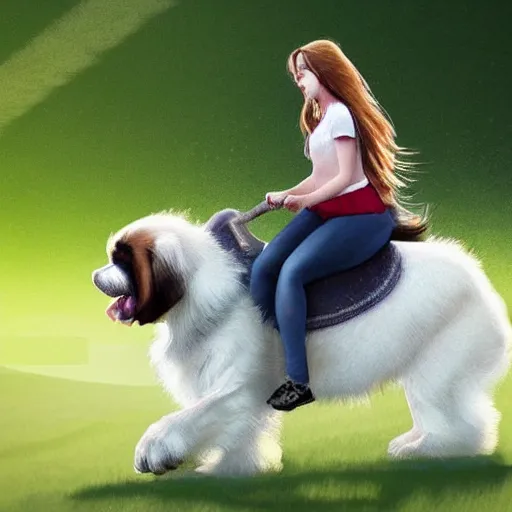 Image similar to girl riding a giant saint Bernard at the park that is catching a ball, trending on artstation