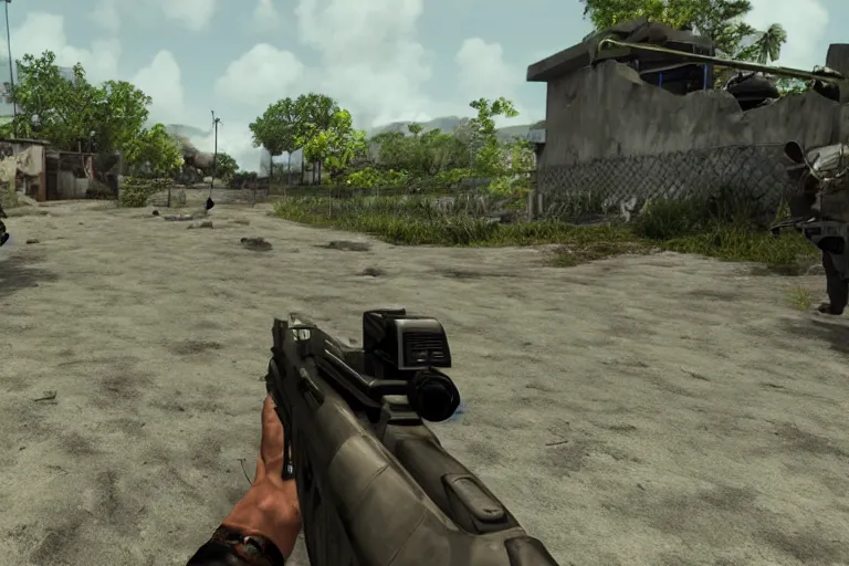 Prompt: Combat in an FPS set in the Philippines, gameplay screenshot, first-person POV