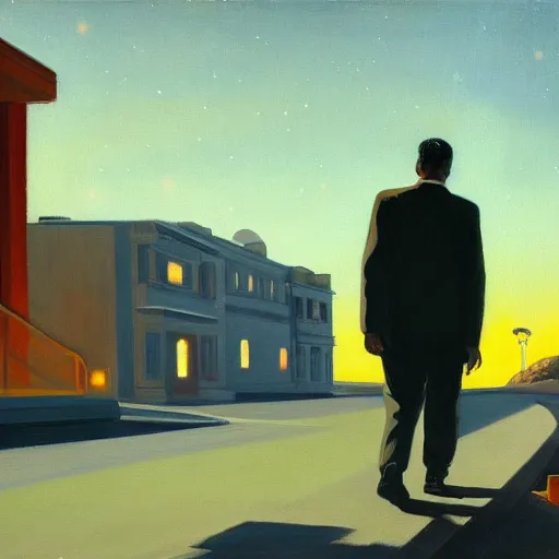 Image similar to a painting of a man walking down a lonely street on another planet and the sky is covered in stars, the head of the man is a skull, he is wearing a suit, in the style of edward hopper, 4 k,