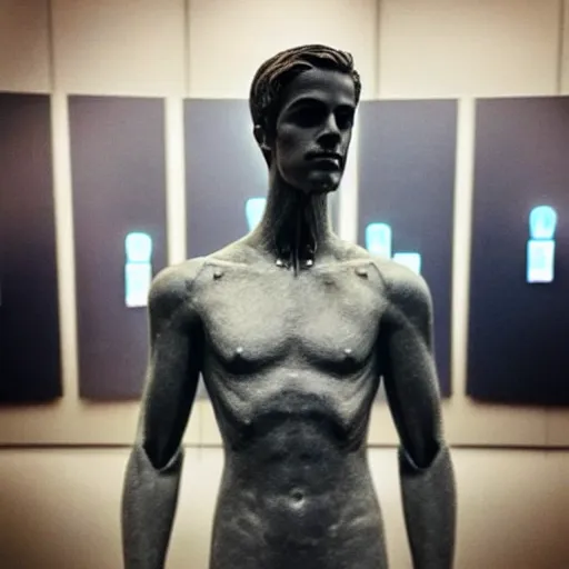 Image similar to “a realistic detailed photo of a guy who is an attractive humanoid who is half robot and half humanoid, who is a male android, actor Grant Gustin, shiny skin, posing like a statue, blank stare, at the museum, on display”