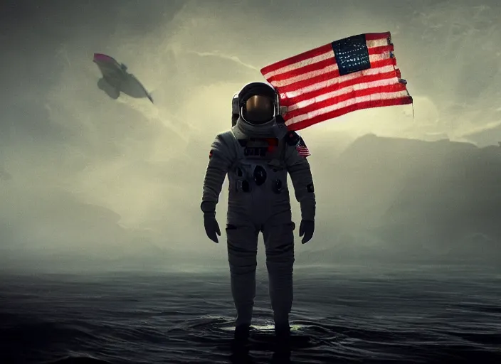 Image similar to astronaut holding a flag in an underwater desert. a submarine is visible in the distance. dark, concept art, cinematic, dramatic, atmospheric, 8 k, trending on artstation, blue, fish, low visibility, fog, ocean floor, christopher nolan, interstellar