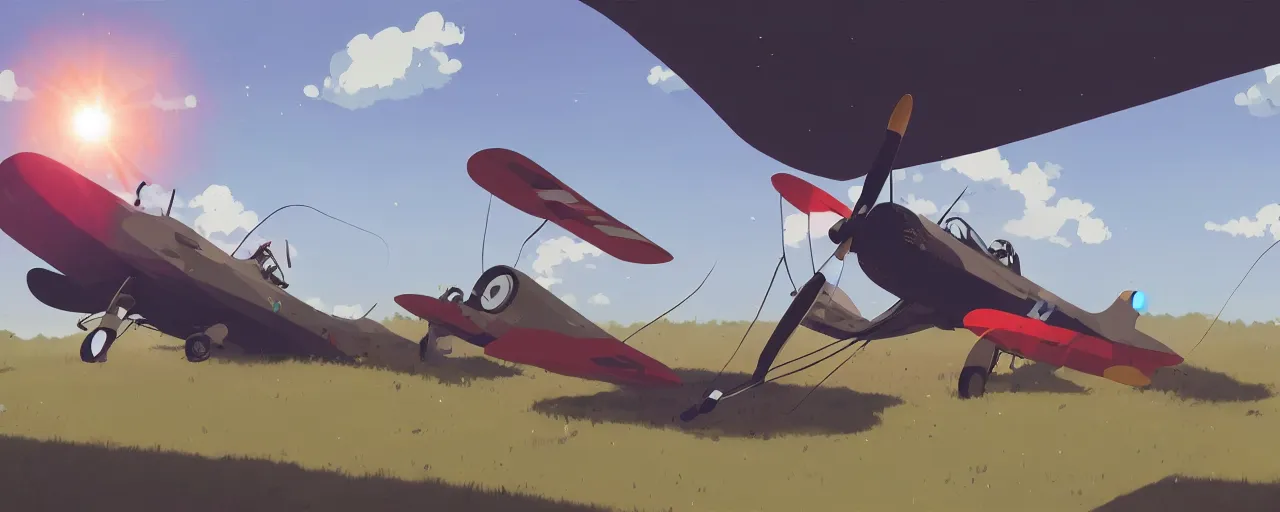 Image similar to japanese zero plane crashing into the ground, atey ghailan, goro fujita, studio ghibli, rim light, stark very bright lighting, clear focus, very coherent