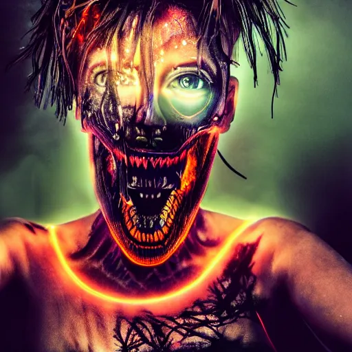 Image similar to a terrifying but beautiful woman with, wires for hair, glowing eyes, razor sharp teeth, computers, horror, studio lighting, 8 5 mm f 1. 8, cyberpunk, art by, masterpiece, trending, highly detailed, realistic