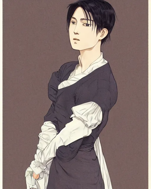 Image similar to full body cottagecore painting of Levi Ackerman, south Korean male, wearing a black and white maid dress, short, short hair, pointy nose, annoyed. elegant. highly detailed, digital painting, artstation, concept art, smooth, sharp, focus, illustration. art by artgerm and greg rutkowski alphonse mucha and Marat Safin