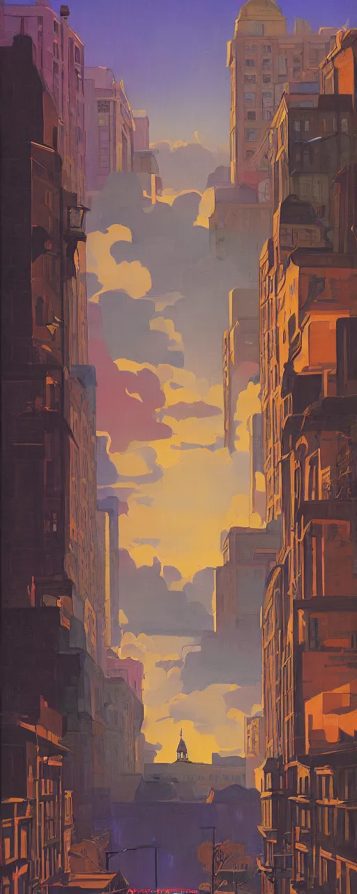 Image similar to Downtown Knoxville, dramatic cinematic lighting, rich colors, golden age illustration, by Sylvain Sarrailh and Nicholas Roerich and Ludwig Deutsch and April Gornik