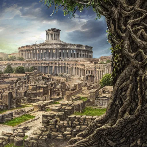 Image similar to sprawling roman city built in the roots of a collosal tree, wide shot, digital art, detailed, fantasy