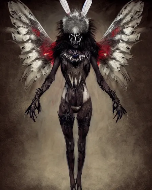 Image similar to wolf - human hybrid mutant ghost - spirit of the grim - warpaint wears the scarlet skull armor and native blood headdress feathers, midnight fog - mist!, dark oil painting colors, realism, cinematic lighting, various refining methods, micro macro autofocus, ultra definition, award winning photo, photograph by ghostwave - gammell - giger - shadowlord