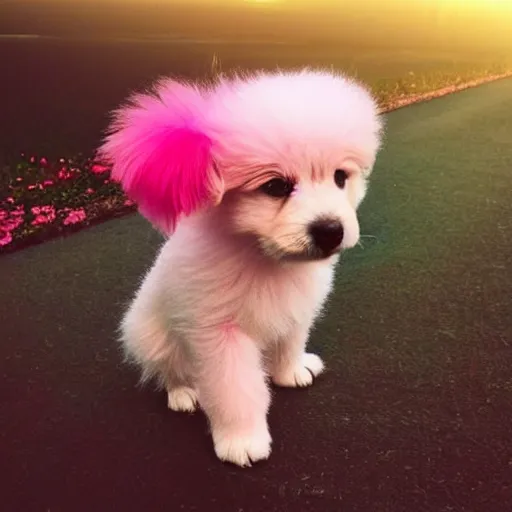 Image similar to a an adorable pink fluffy puppy with under a rainbow