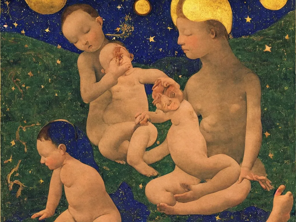Image similar to baby with star in the wood at night. lapis lazuli, malachite, cinnabar, gold. painting by piero della francesca, balthus, agnes pelton