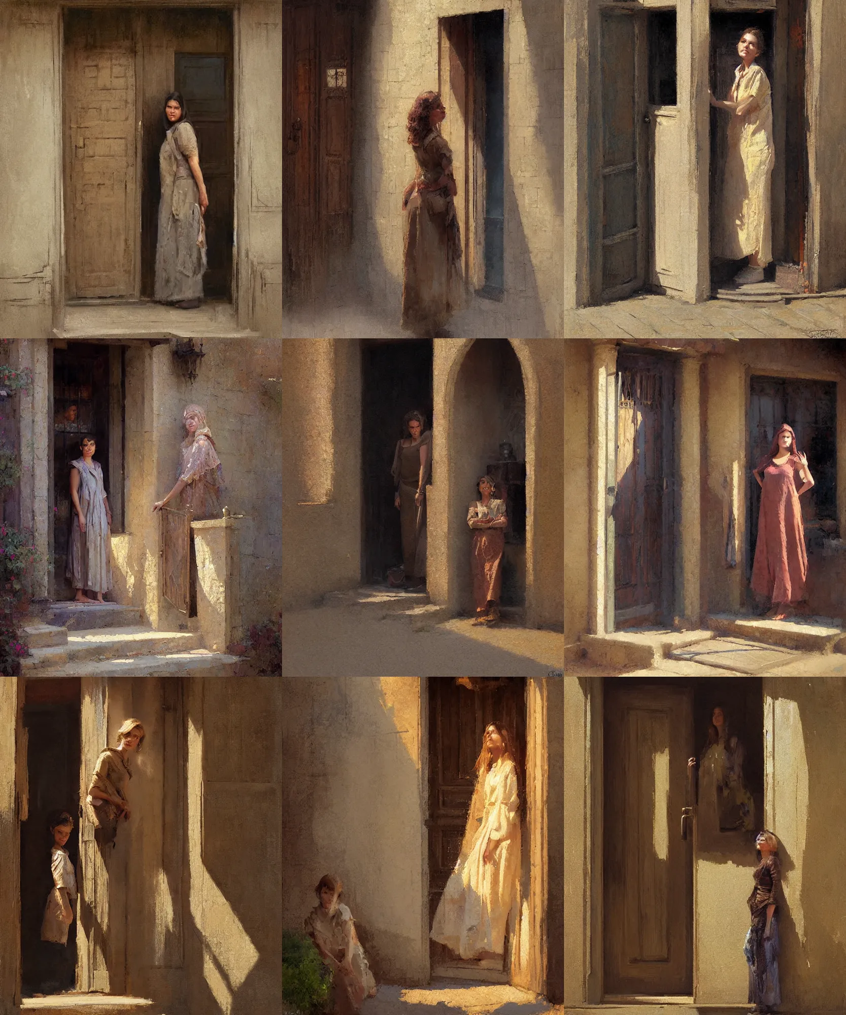 Prompt: digital art painting of a young woman mom standing in front of the door of a humble house by craig mullins and gaston bussiere and greg rutkowski, symmetrical face, defined facial features, symmetrical facial features, dramatic lighting, close up