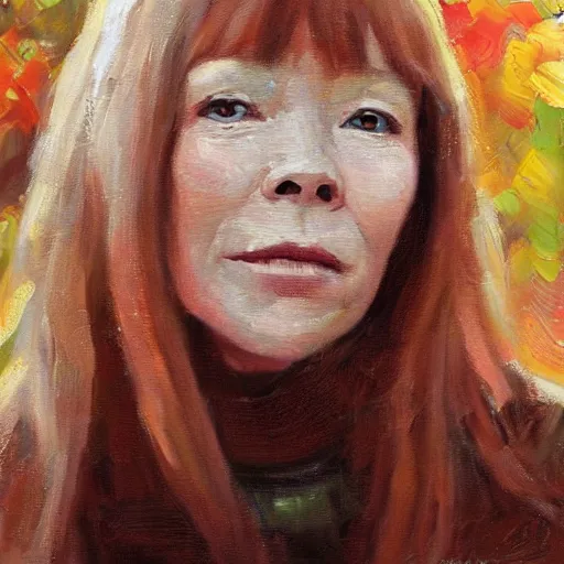 Prompt: stunning serene portrait of Sissy Spacek by Mark Arian, 0ne inch thick impasto oil on canvas, masterpiece, realism, piercing gaze, autumn bokeh