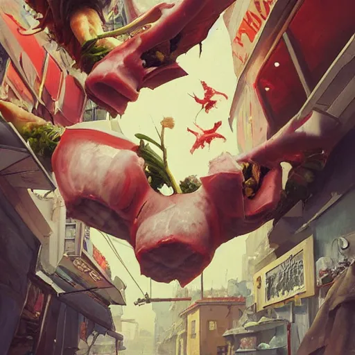 Prompt: low angle view of a butcher working,, asymmetrical, organic painting, matte painting, bold shapes, hard edges, street art, trending on artstation, by huang guangjian and gil elvgren and sachin teng, from below, worms - eye - view, close - up!!!!! low angle!!!!