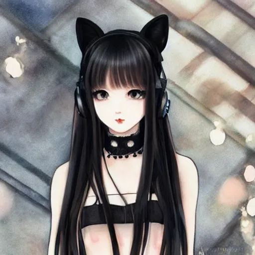 Image similar to realistic beautiful gorgeous natural cute Blackpink Lalisa Manoban black hair fur black cat ears, wearing white camisole summer outfit, headphones, black leather choker, tonemapping artwork drawn full HD 4K highest quality in artstyle by professional artists WLOP, Ayami Kojima, Aztodio, Alphonse Mucha, Taejune Kim, Guweiz on Pixiv Instagram Artstation
