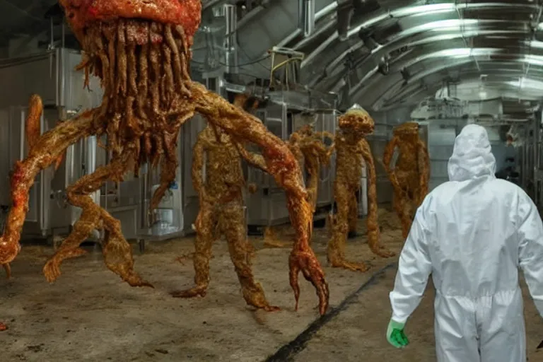 Prompt: one man in a hazmat suit watches as a huge alien meat monster grows out of control in a creepy underground science lab