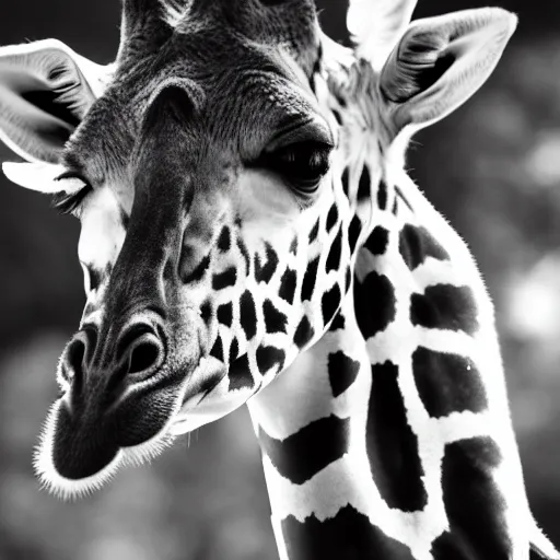 Image similar to a black and white portrait photo of a giraffe. very detailed