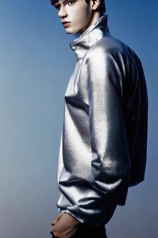 Image similar to un ultra high definition studio quality photographic art portrait of a young man standing on the rooftop of a british apartment building wearing soft padded silver pearlescent clothing. three point light. extremely detailed. golden ratio, ray tracing, volumetric light, shallow depth of field. set dressed.