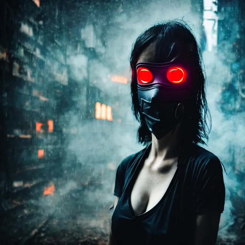 Image similar to a photo close up cyberpunk woman, wearing ninja mask, fire dance in cyberpunk dirty alley, smoke mist rain, cyberpunk gunma prefecture, midnight, photorealistic, cinematic color, studio lighting, highly detailed, bokeh, style by tomino - sama
