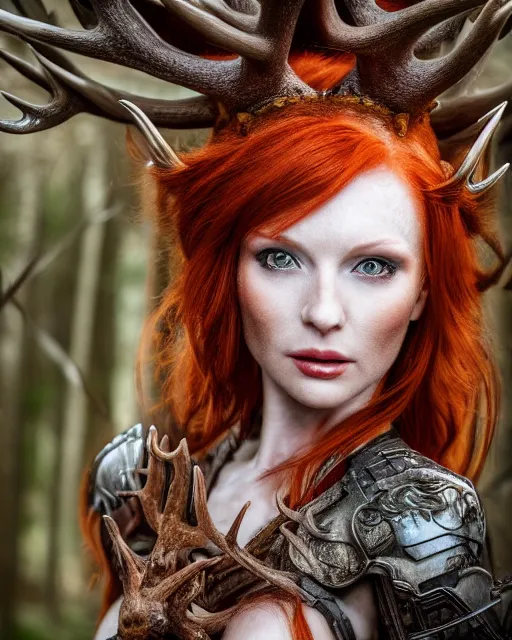 Image similar to 5 5 mm portrait photo of an armored redhead woman with a sword, and antlers growing from her head. magical forest in the backgeound. by luis royo. highly detailed 8 k. intricate. lifelike. soft light. nikon d 8 5 0. cinematic post - processing