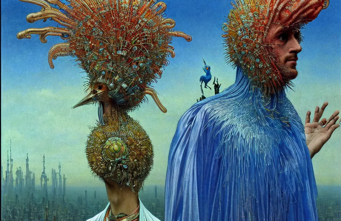 Image similar to realistic detailed portrait movie shot of a birdman wearing reflective transparent robes, sci fi city landscape background by denis villeneuve, amano, yves tanguy, alphonse mucha, ernst haeckel, max ernst, roger dean, masterpiece, rich moody colours, blue eyes