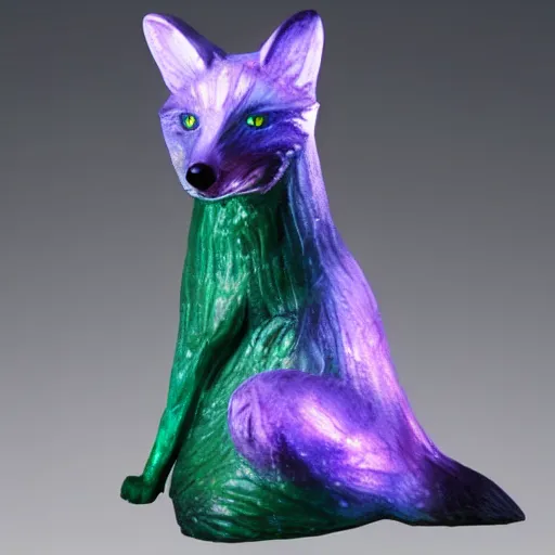 Prompt: !dream Emerald Fox sculpture with glowing purple eyes