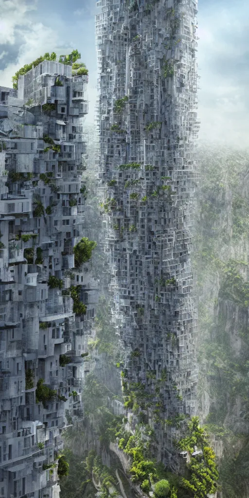 Prompt: in a sunny day, an architectural photograph of a skyscraper city built into the side of a cliff, architecture by daniel libeskind, atmospheric, cinematic lighting, nature meets architecture, cgsociety, fantastic realism, matte painting, terragen, artstation hq, clear glass, terraces, balconies, plants