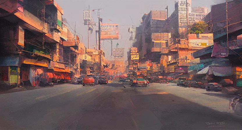 Image similar to delhi streets, artwork by salman toor, cinematic light, atmospheric effects