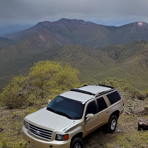 Image similar to a 2 0 0 3 chevy tahoe, parked at the top of a mountain in mexico, photography