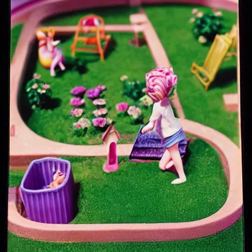 Image similar to a clamshell polly pocket garden with unicorns, kodachrome photo