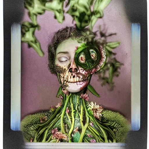 Image similar to a beautiful detailed front view portrait of a rotten woman corpse with fractal plants and fractal flowers growing around, volumetric light, beautiful lit, polaroid photography