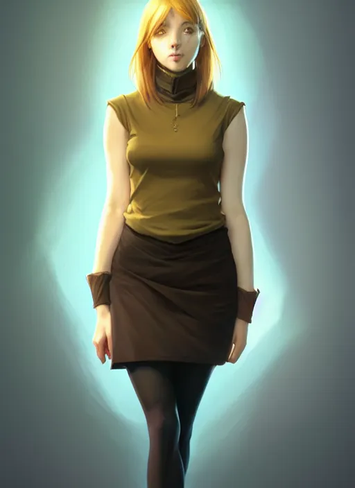 Image similar to portrait of a full body of beautiful young female secretary, d & d, sleeveless turtleneck, pencil miniskirt, fantasy, flat lighting, intricate, highly detailed, digital painting, artstation, concept art, smooth, sharp focus, illustration, art by simon bisley and greg rutkowski and alphonse mucha, natural tpose