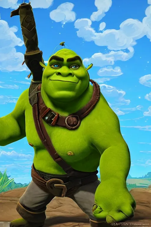 Image similar to an in game portrait of shrek from the legend of zelda breath of the wild, breath of the wild art style.