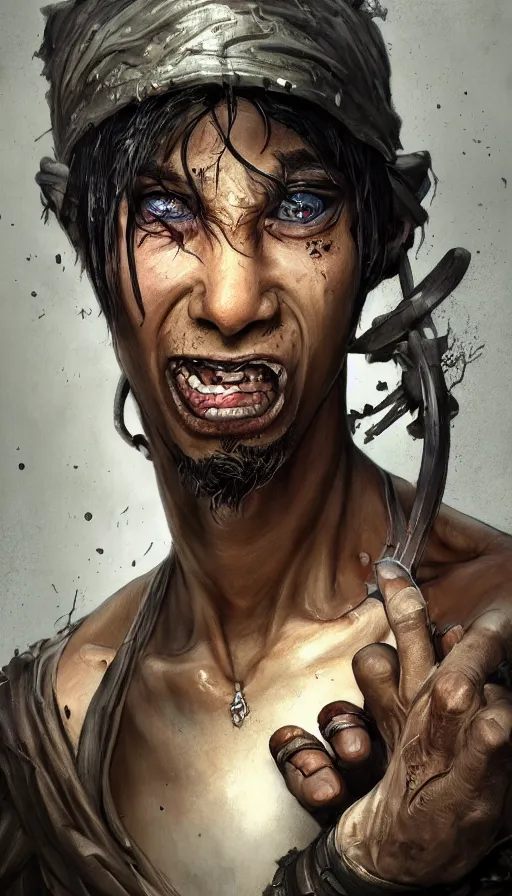 Image similar to underground stree thug, man, grills, vitiligo, energetic, laughing, fit, warhammer, lord of the rings, sweaty, intricate, highly detailed, digital painting, artstation, concept art, smooth, sharp focus, illustration, unreal engine 5, 8 k, art by artgerm and greg rutkowski and alphonse mucha