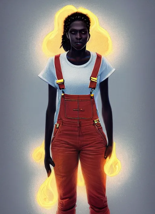 Prompt: full body portrait of young black woman as a firewoman, white t - shirt and denim overalls, intricate, beautiful and elegant, highly detailed, digital painting, artstation, concept art, smooth, sharp focus, illustration, art by wlop, mars ravelo and greg rutkowski