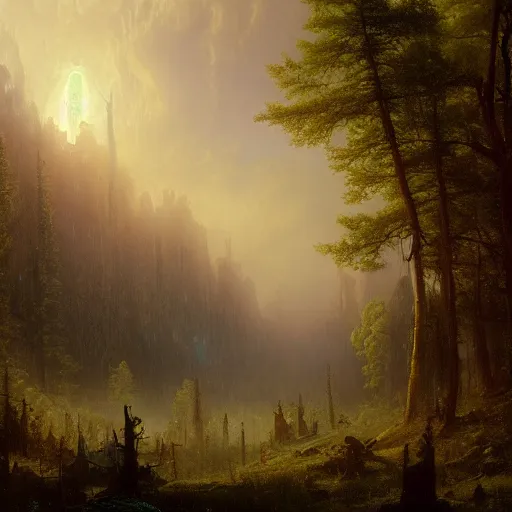 Prompt: painting of a post - apocaliptic wonderland by albert bierstadt, matte painting, unreal engine, 8 k resolution, beautiful, dark ambient