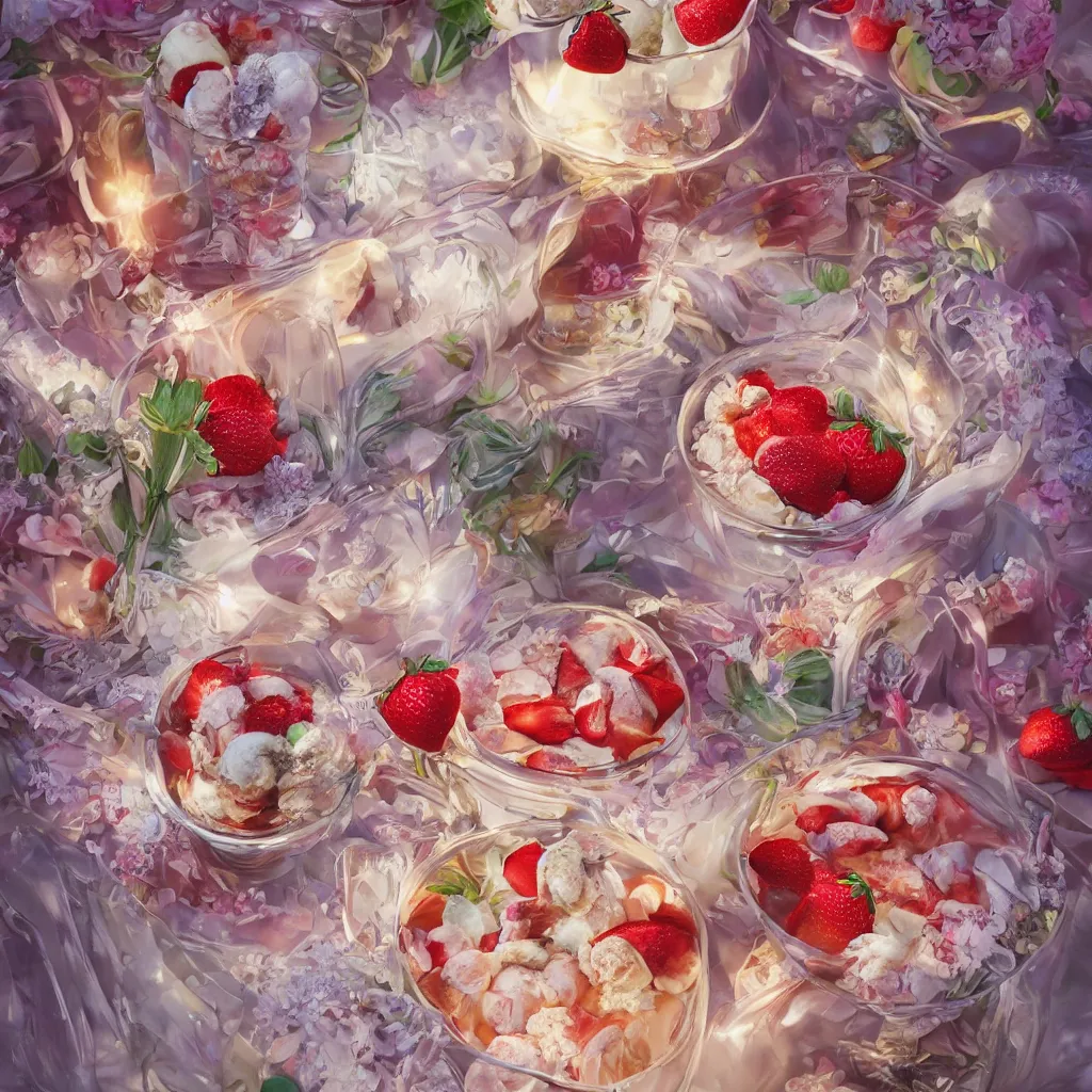 Prompt: cold drinks, ice cream, strawberry embellishment, books and flowers, trending on studio ghibli, dreamy, soft, global illumination, radiant light, intricate environment, luminescence, highly detailed, 8 k