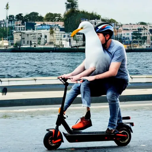 Image similar to A seagull sitting on top of a man, who is riding an electric scooter