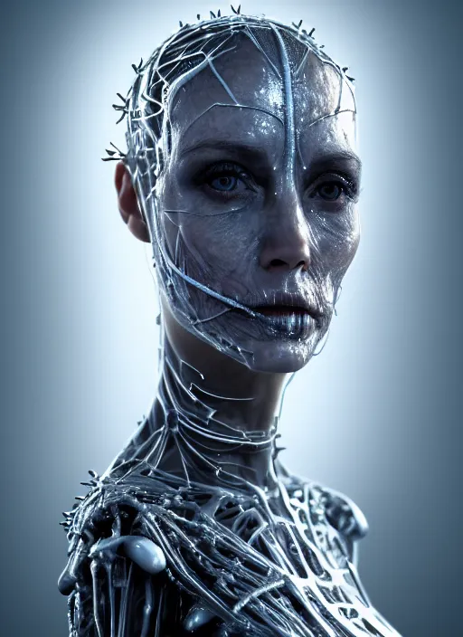 Image similar to 3 / 4 portrait, queen emma, crown, transparent skin, visible muscle and bones and veins and nerves, hyperrealism, detailed textures, photorealistic, 3 d cyberpunk apocalyptic city, futuristic clothing and helmet, ultra realistic, cinematic, intricate, cinematic light, unreal engine 8 k, octane render, unreal engine by david kostic and stanley lau and artgerm