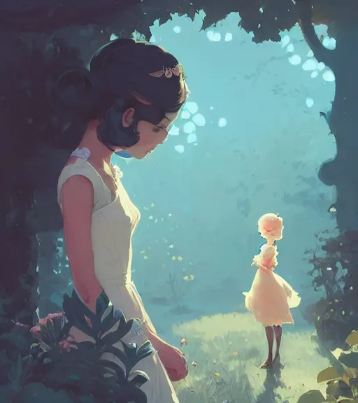 Image similar to a princess and a prince near face to face in the beautiful garden by atey ghailan, by greg rutkowski, by greg tocchini, by james gilleard, by joe fenton, by kaethe butcher, dynamic lighting, gradient light blue, brown, blonde cream and white color scheme, grunge aesthetic