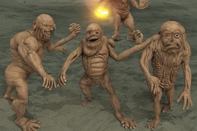 Prompt: photo, two old men!, two hairy fat ugly fight aliens 4 0 1 2 7 on a beach, highly detailed, scary, intricate details, volumetric lighting, front view