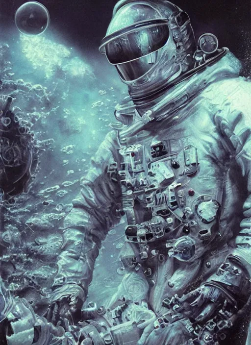 Image similar to astronaut in dark void underwater - complex and hyperdetailed technical suit design. reflection and dispersion materials. rays and dispersion of light. volumetric light. f / 3 2. noise film photo. flash photography. ultra realistic, 5 0 mm. poster by wayne barlowe, hajime sorayama aaron horkey, craig mullins