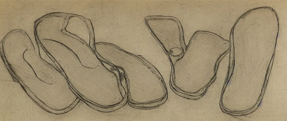 Prompt: detailed blueprint sketches of flip flops, by leonardo davinci, on yellow paper, worn, pencil, sketch