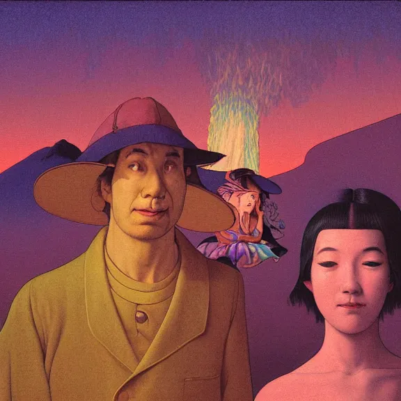 Image similar to close up portrait of a man and woman having fun with lsd and magic mushrooms by kawase hasui, moebius, Edward Hopper and James Gilleard, Zdzislaw Beksinski, Steven Outram, 8k, volumetric lighting, artstation