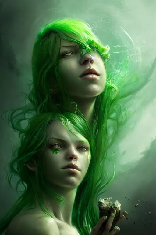 Image similar to character art by bastien lecouffe - deharme, young woman, green hair, green skin, nature powers, 4 k, arstation, trending