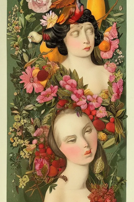 Image similar to beautiful girl Amalgamation with flowers, fruits, birds by Beto Val, John James Audubon, vintage illustration, bizarre compositions, Exquisite detail