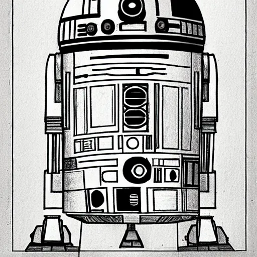 Image similar to a pencil sketch of the droid r 2 d 2 by leonardo davinci, star wars, droid, machine, sketch, da vinci, old masters, paper,